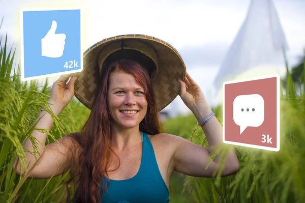 App likes and comments feed composed with young attractive and happy tourist woman taking selfie in beautiful landscape as digital nomad and successful media influencer — 스톡 사진