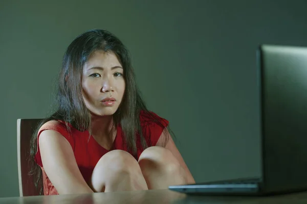 Asian teen girl bullied online . depressed and scared young woman with computer laptop suffering cyber bullying abused online by stalker or gossip students