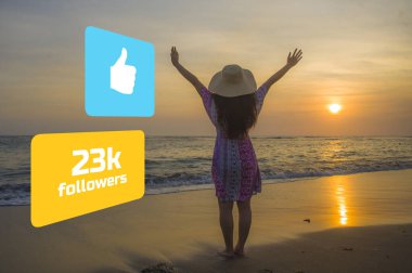 social media influencer girl in enjoying summer sunset in paradise beach . young happy woman feeling free getting likes and followers in holiday travel blog success