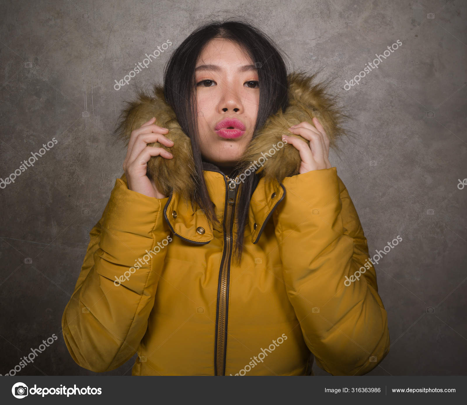 yellow jacket with fur hood