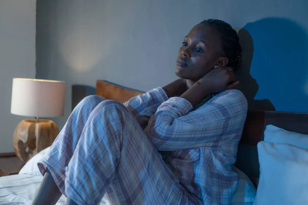 Young Sad Depressed Black Afro American Woman Bed Home Unhappy — Stock Photo, Image