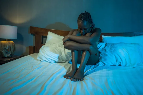 Young Sad Depressed Black Afro American Woman Lying Bed Home — Stock Photo, Image