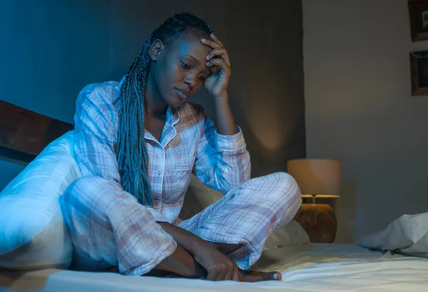 Young Sad Depressed Black African American Woman Sitting Bed Home — Stock Photo, Image