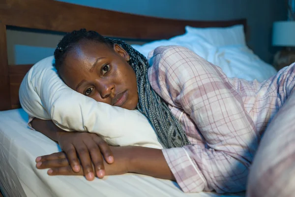 Young Sad Depressed Black African American Woman Lying Bed Home — Stock Photo, Image