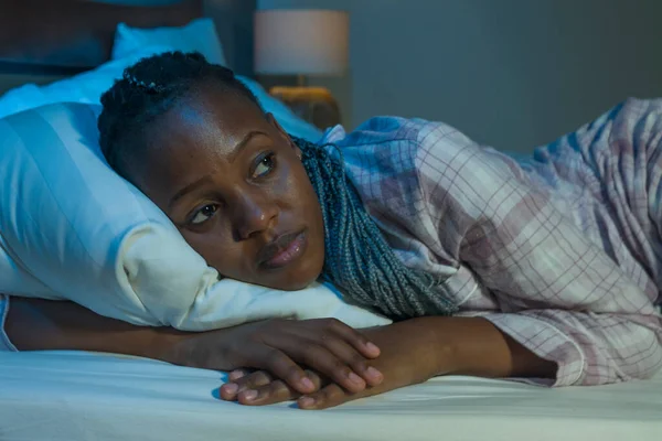 Young Sad Depressed Black African American Woman Lying Bed Home — Stock Photo, Image