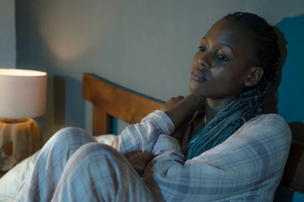 Young Sad Depressed Black African American Woman Sitting Bed Home — Stock Photo, Image