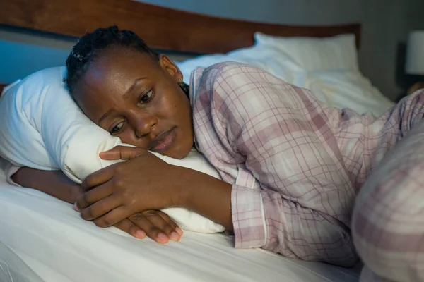 Young Sad Depressed Black Afro American Woman Lying Bed Home — Stock Photo, Image