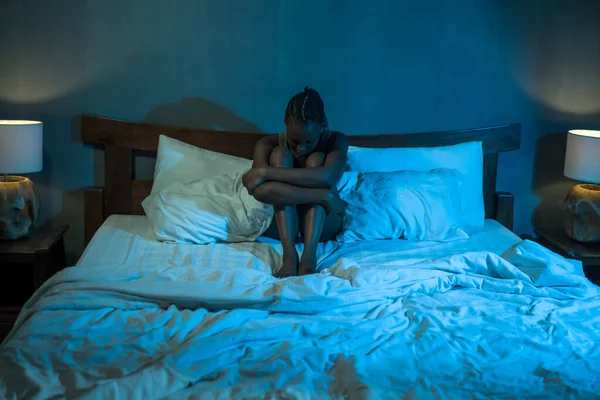 Young Sad Depressed Black Afro American Woman Lying Bed Home — Stock Photo, Image