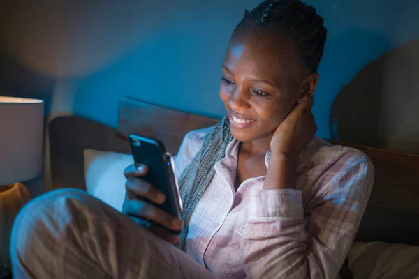 Happy African American Millennial Woman Social Media Addict Night Lifestyle — Stock Photo, Image