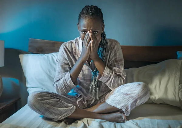 Young Sick Depressed Black Afro American Woman Sitting Bed Home — Stock Photo, Image