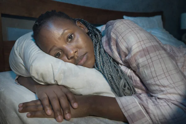 Young Sick Depressed Black Afro American Woman Lying Bed Home — Stock Photo, Image