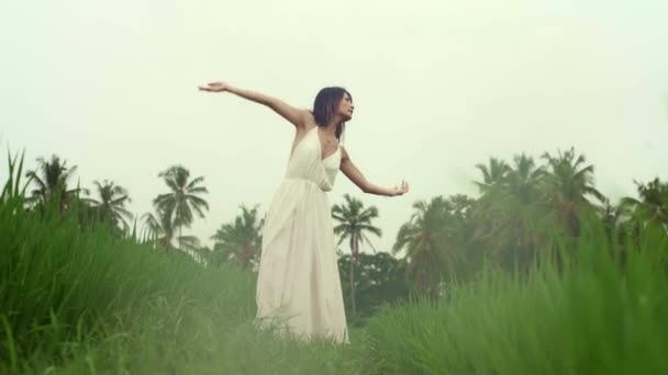 自然との身体と心のつながり 幸せと美しいアジア系日本人女性ヨガや瞑想をする屋外の牧歌的な緑の田んぼ熱帯夏休みを楽しむ — ストック動画