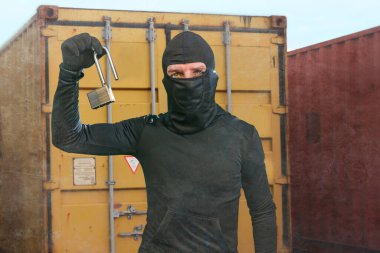 İş yerinde hırsız var. Kar maskeli bir suçlu nakliye alanında kilit kilidini açmış soygun ve suç kavramında depolama konteynerlerinde kırıyor.