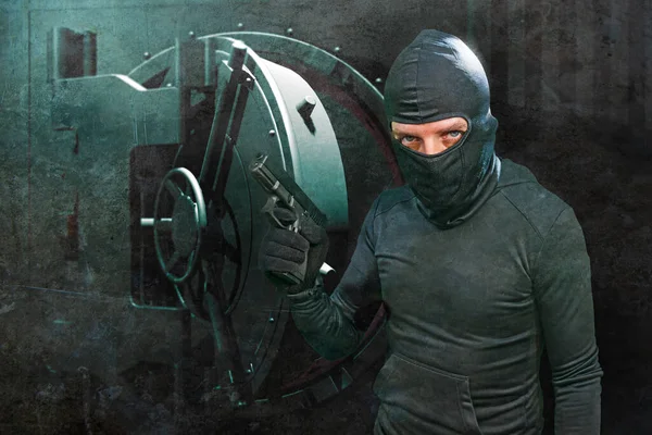 Heist Robbery Hollywood Style Portrait Man Balaclava Mask Holding Gun — Stock Photo, Image