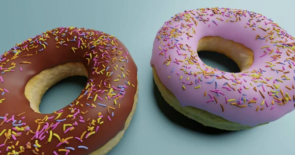 Egészségtelen Csábító Cukros Desszert Két Finom Ízletes Fánk Színes Sprinkles — Stock Fotó