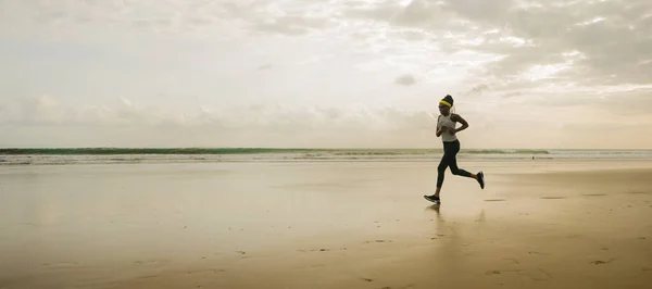 Silhouette African American Woman Running Beach Young Attractive Athletic Black — Stock Photo, Image