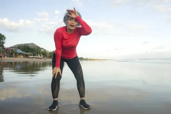 Retrato Estilo Vida Mujer Forma Cansado Mediana Edad Después Playa — Foto de Stock