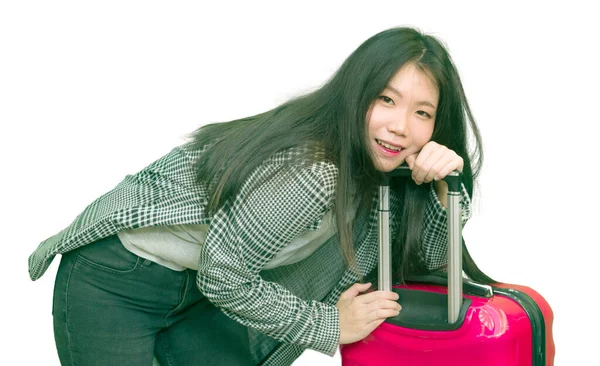 Fiatal Boldog Gyönyörű Ázsiai Koreai Cipeli Turisztikai Bőrönd Készen Áll — Stock Fotó