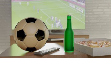 Evde TV oyunu - futbol bira şişesi ve pizza kutusuyla modern oturma odasında hala hayat devam ederken, LCD televizyon ekranı spor tutkusu ve duygu konseptiyle canlı futbol maçı yayınlıyor.