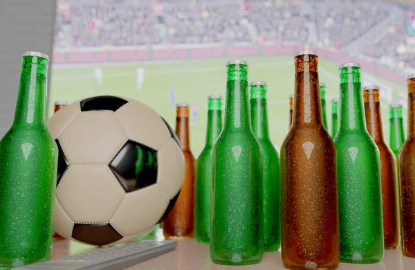 Diseño Bodegones Cgi Grupo Botellas Cerveza Fútbol Distancia Mesa Frente — Foto de Stock