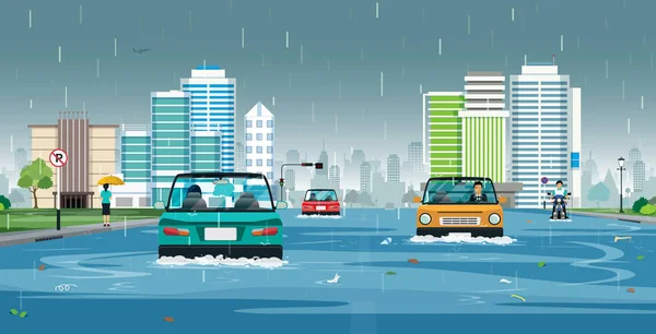 Carros Estão Correndo Ruas Inundadas Cidade — Vetor de Stock