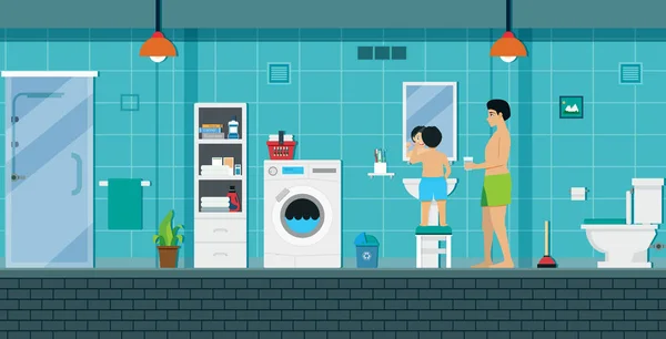 Papá Está Entrenando Hijo Para Cepillarse Los Dientes Baño — Archivo Imágenes Vectoriales