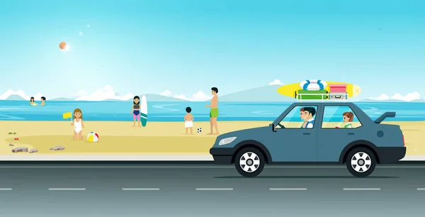 Las Familias Conducen Equipaje Con Tabla Surf Playa — Vector de stock