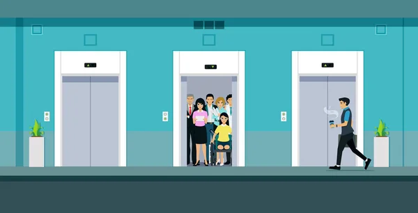 Les Travailleurs Qui Transportent Café Courent Dans Ascenseur — Image vectorielle