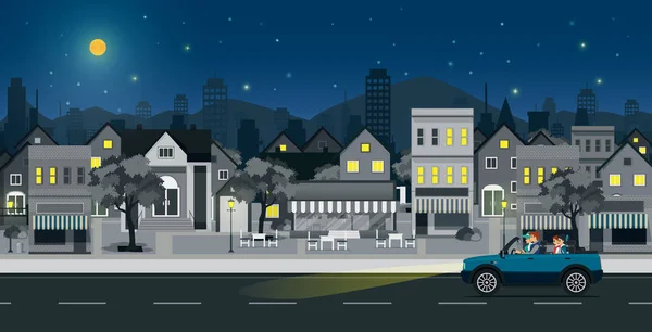 Families Drive City Streets Night — Stock Vector