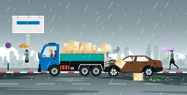 Men Driving Car Accident Hit Truck While Rain Falling — Stock Vector