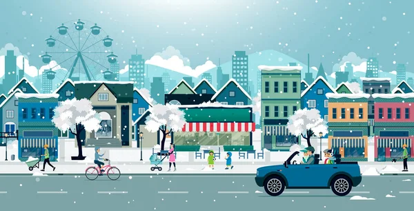 Οικογένειες Οδήγηση Χιόνι Που Καλύπτει Αυτοκίνητα Στην Πόλη — Διανυσματικό Αρχείο