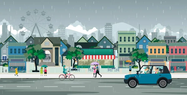 Familien Fahren Bei Regen Auf Der Straße — Stockvektor