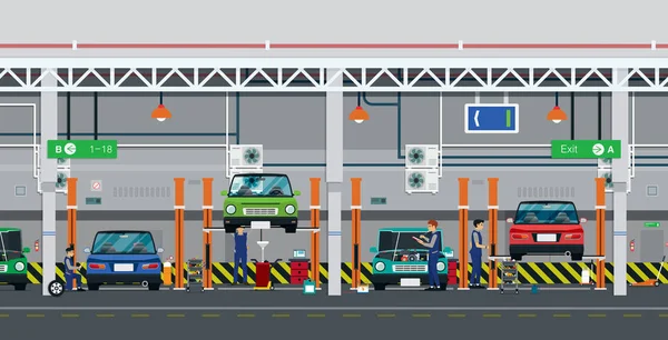 Trabalhadores Reparação Automóveis Centro Serviços — Vetor de Stock