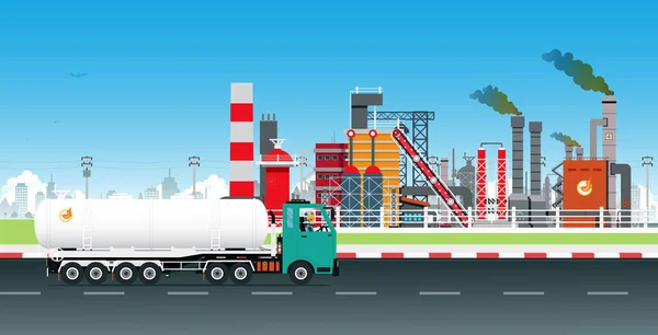 Autista Camion Petroliferi Con Raffineria Come Sfondo — Vettoriale Stock