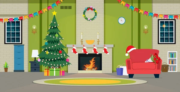 带壁炉的客厅里的圣诞晚会 — 图库矢量图片