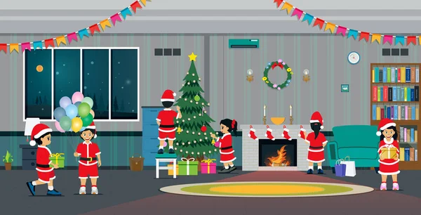 Παιδιά Κρατούν Ένα Χριστουγεννιάτικο Πάρτι Στο Σαλόνι — Διανυσματικό Αρχείο