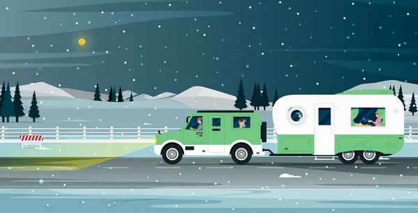 Caravan Family Travels Snowy Night — Stock Vector