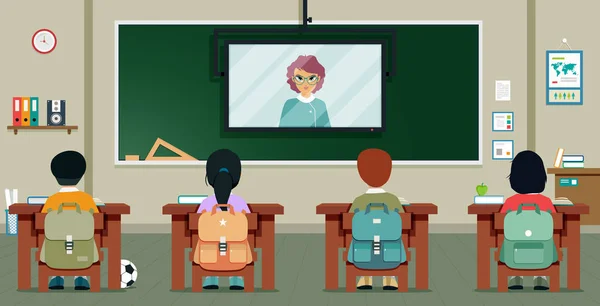 Siswa Belajar Dari Guru Yang Mengajar Melalui Televisi - Stok Vektor