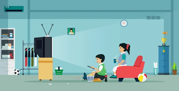 Niños Niñas Están Viendo Televisión Casa — Archivo Imágenes Vectoriales