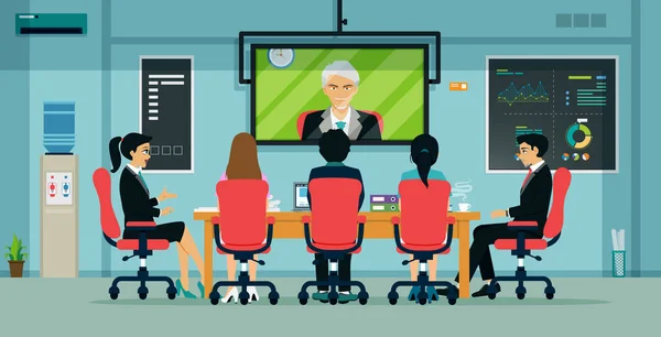 Podnikatelé Zaměstnanci Mají Schůzky Prostřednictvím Videokonference — Stockový vektor