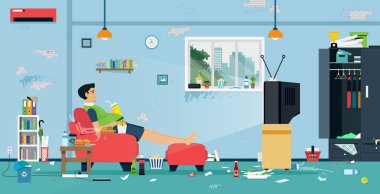 Şişman erkekler gıda ve kir dolu bir odada Tv izliyor.