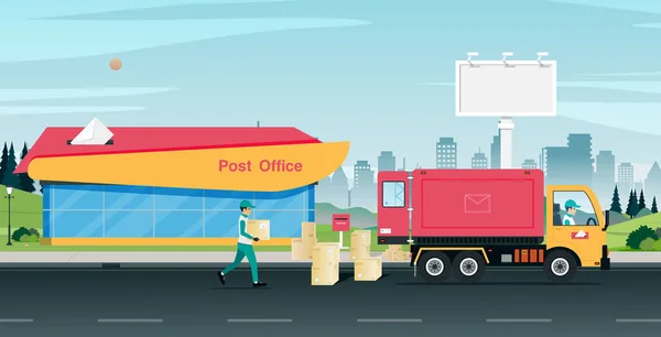 Ταχυδρομικό Προσωπικό Μεταφέρει Κουτί Του Δέματος Στο Φορτηγό — Διανυσματικό Αρχείο