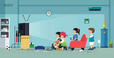 Çocuklar ve arkadaşlar evde video oyunları oynamak.