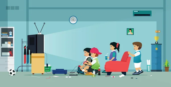 Enfants Amis Jouent Des Jeux Vidéo Dans Maison — Image vectorielle