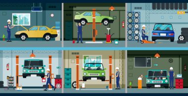 Tamirci, garajdaki arabaları aletlerle tamir ediyor..