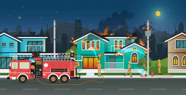 Los Bomberos Están Rociando Agua Para Apagar Incendios Casa — Vector de stock