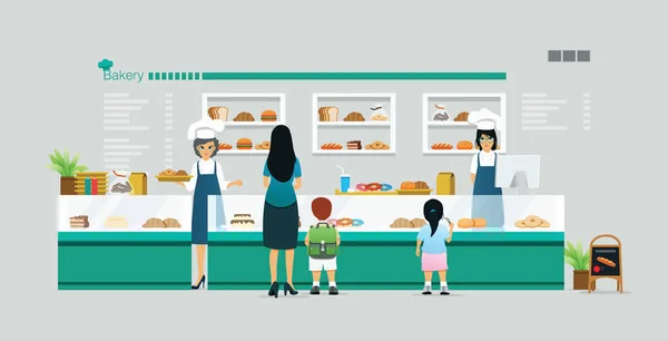 妈妈和孩子们正在商店里买一个面包店 — 图库矢量图片