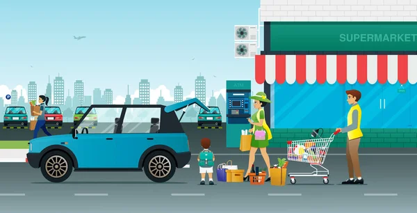 Ebeveynler Çocuklar Süpermarketten Arabaya Mal Taşıyorlar — Stok Vektör