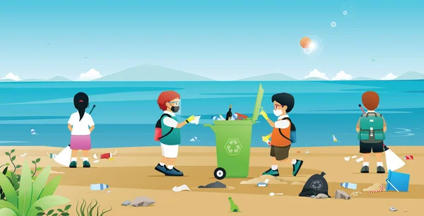 Los Estudiantes Están Ayudando Recoger Basura Plástico Playa — Vector de stock
