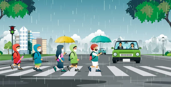 Student Wearing Mask Walking Street Rain — Stock Vector